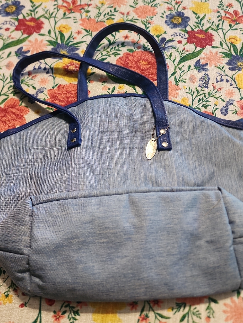 Light Blue Denim-Style Tote with Navy Trim